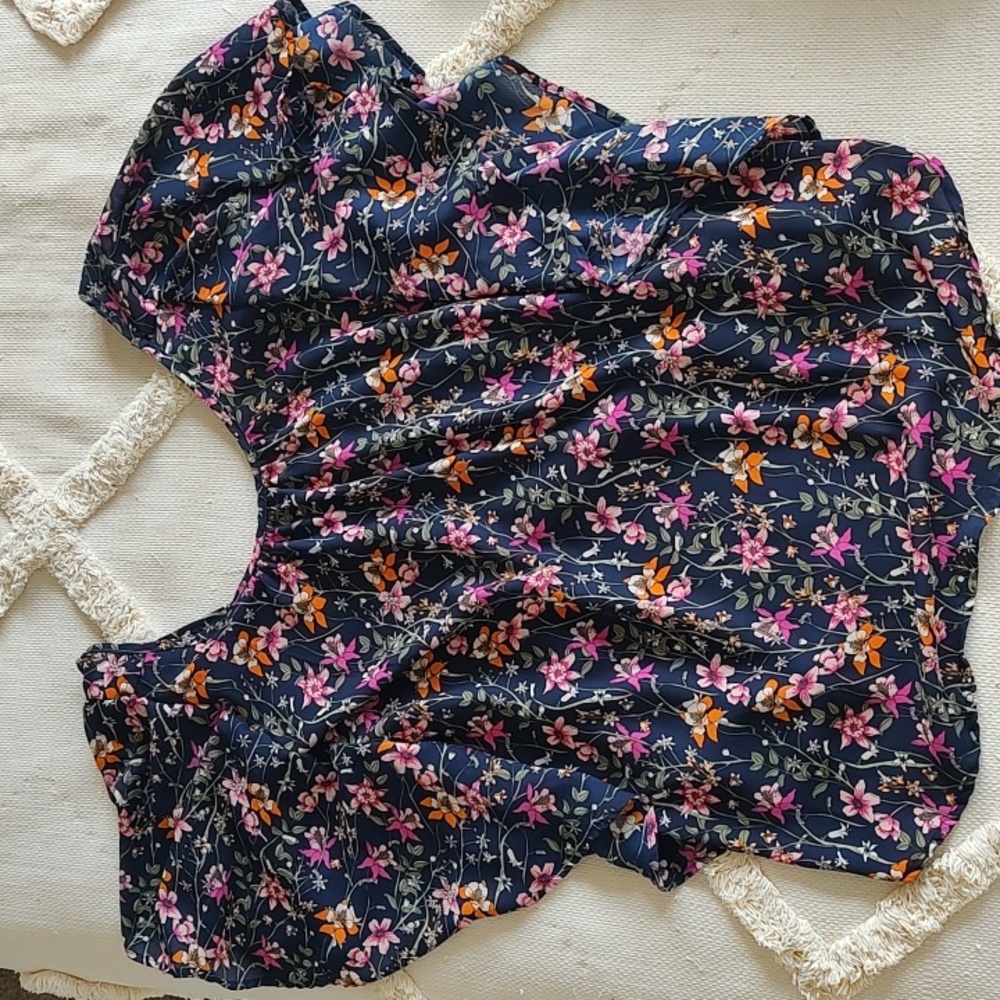 Maeve Navy Floral Blouse with Pink and Orange Accents